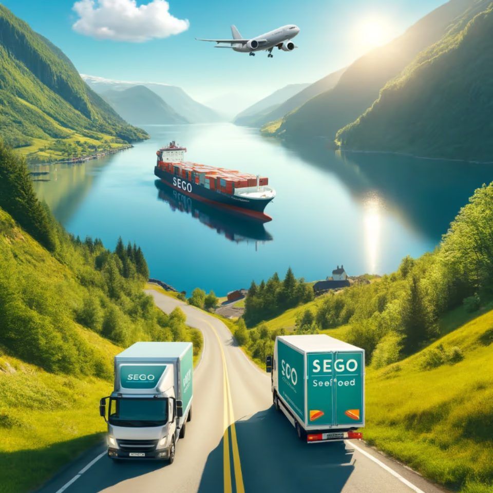 Illustrasjon av Sego Seafoods logistikk — containerskip, fly og lastebiler frakter sjømat gjennom et norsk fjordlandskap