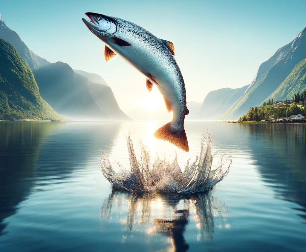 Atlantisk laks som hopper opp av en stille norsk fjord omgitt av fjell